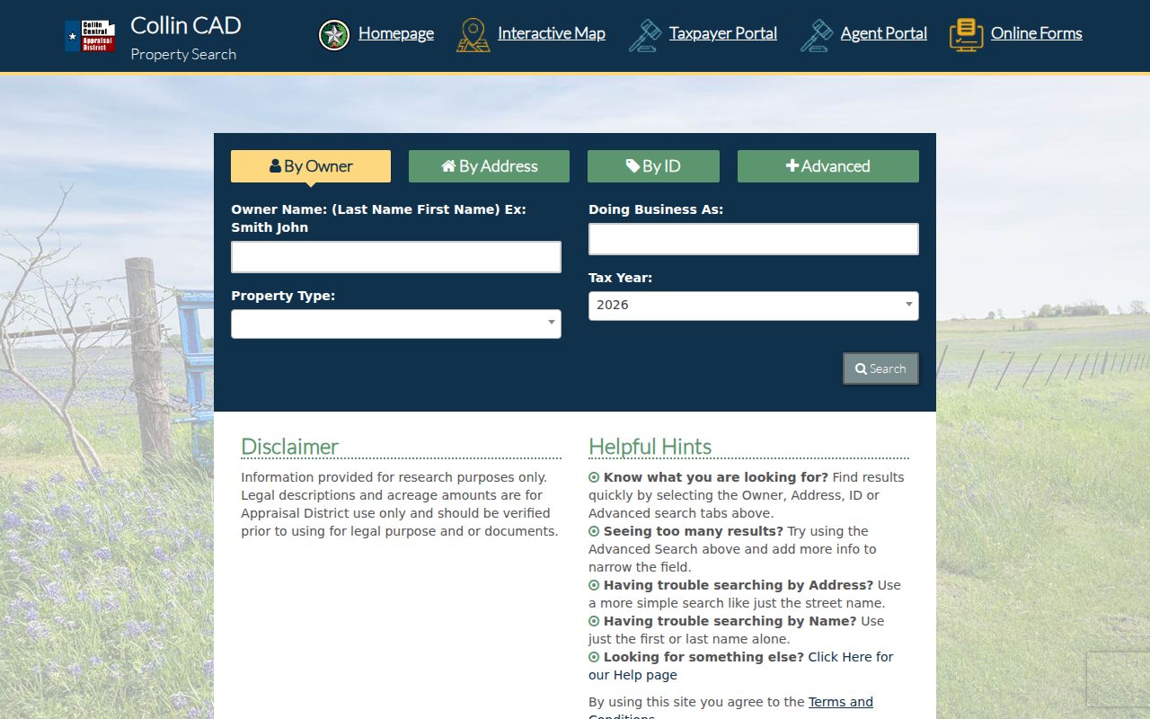 Frisco street directory Collin CAD property search fields