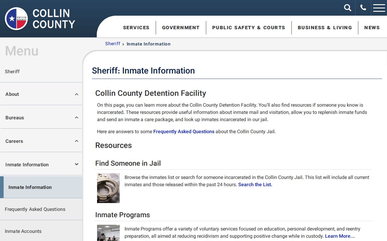 Frisco residents directory Collin County inmate information page