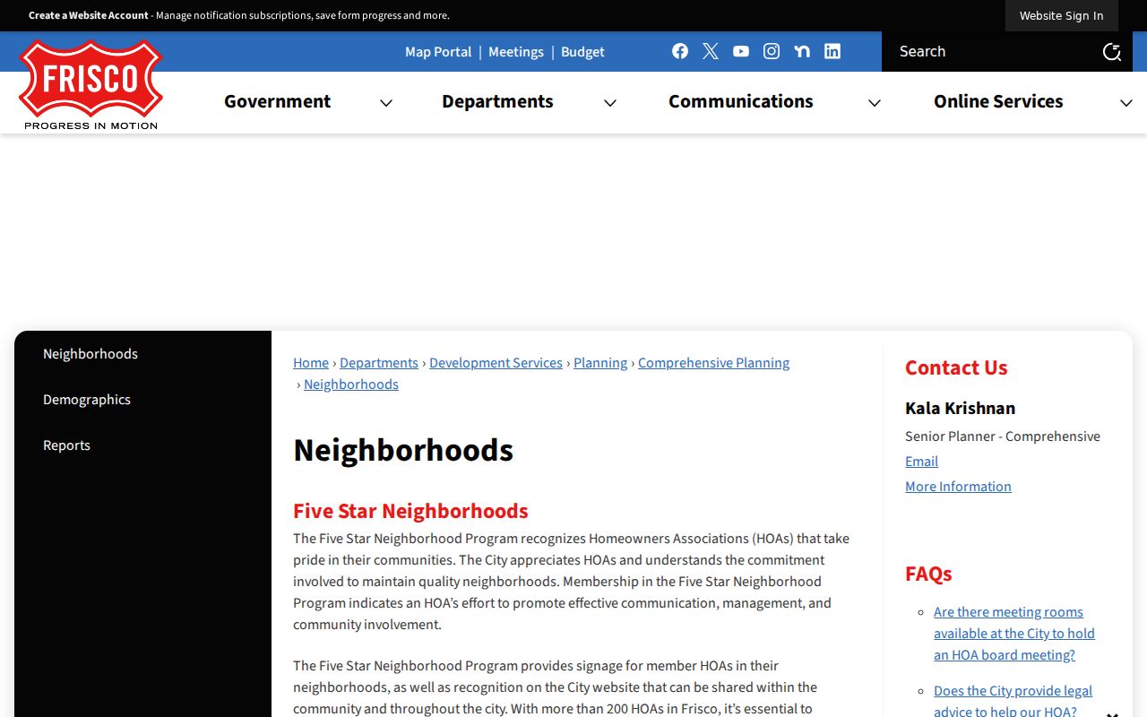 Frisco neighbors City Neighborhoods page with HOA directory and Five Star information