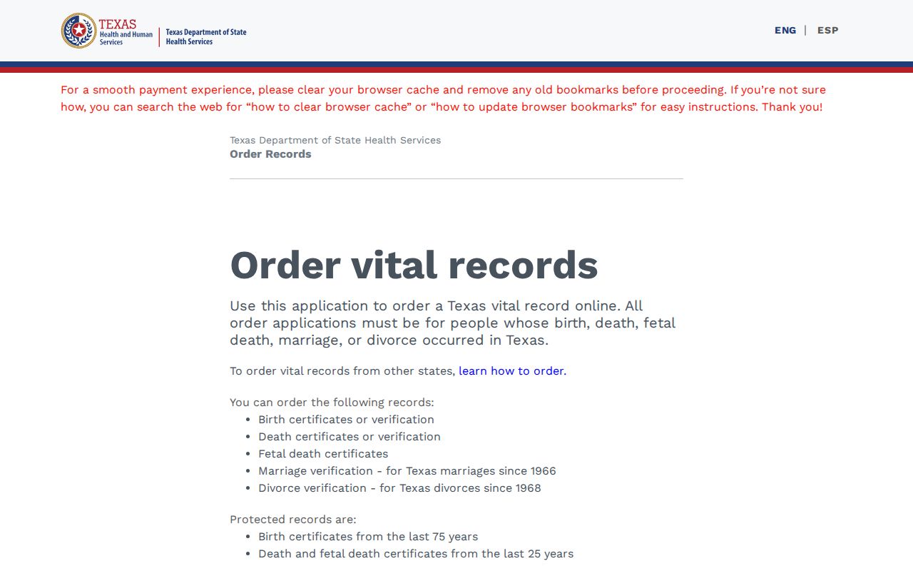 Frisco resident lookup vital-record order categories on the Texas online order page